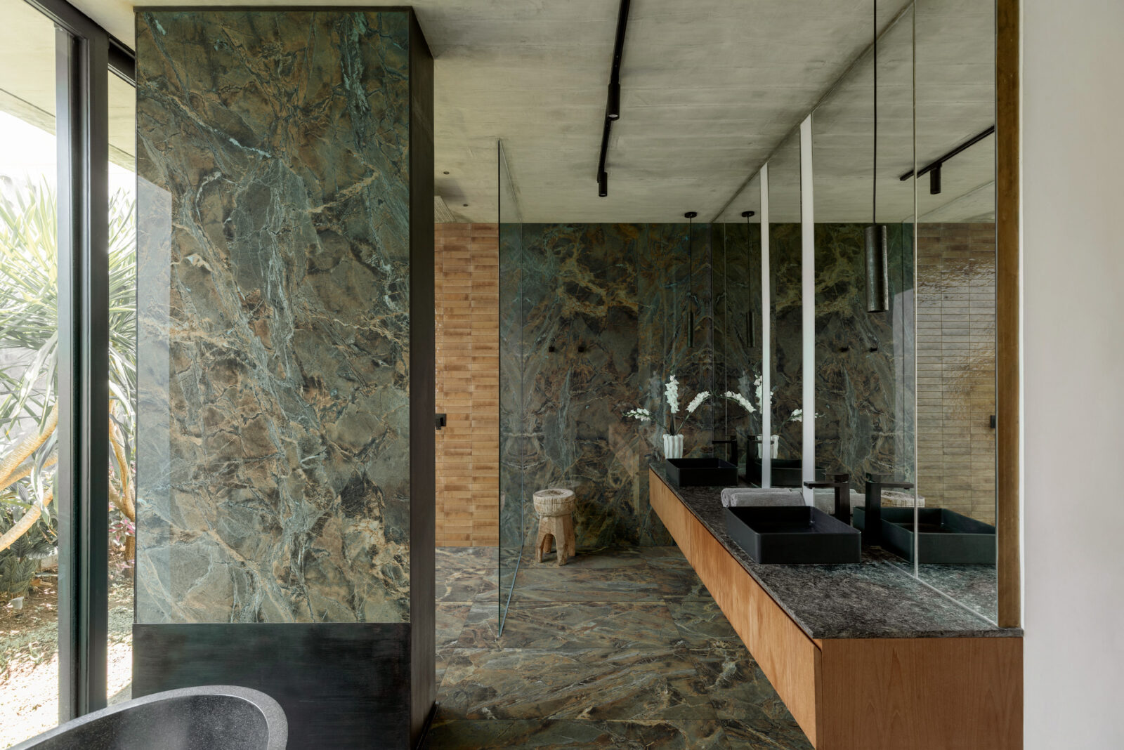 Hexagon mosaic feature wall in a contemporary bathroom